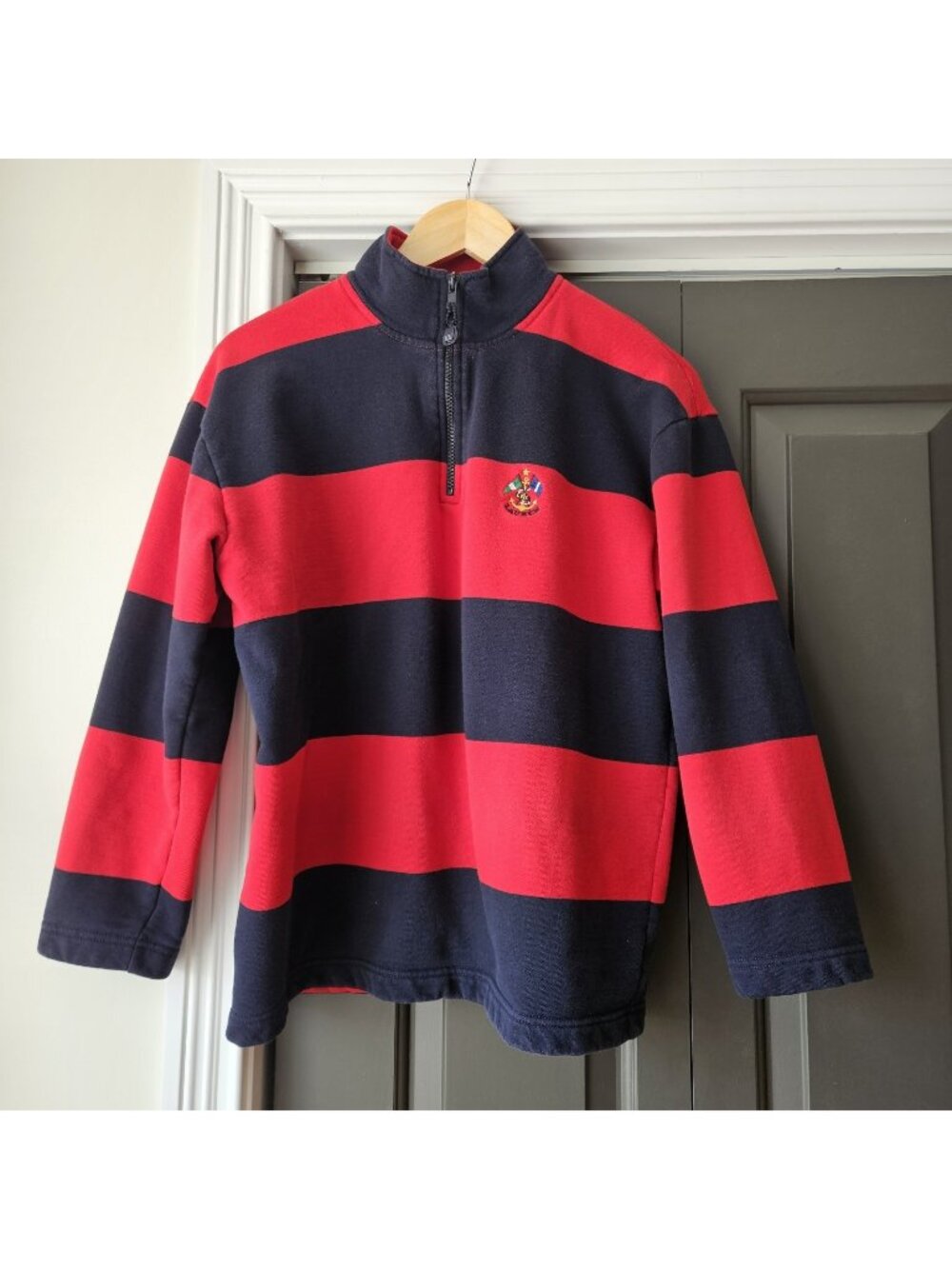 Vintage LRL Ralph Lauren Womens Striped Polo Rugby Sweater Crest Red Blue Size M